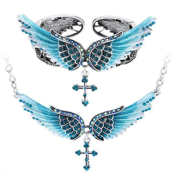 2PCS Angel Wing Pendant Necklace & Bracelet Jewelry Set
