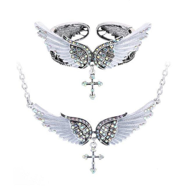 2PCS Angel Wing Pendant Necklace & Bracelet Jewelry Set