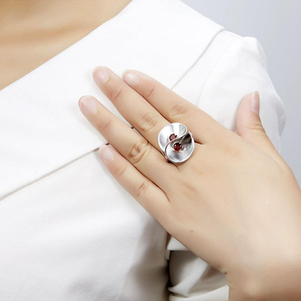 925 Sterling Silver Natural Red Garnet Double Stone Wavy Statement Ring