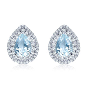 925 Sterling Silver Natural Sky Blue Topaz Pave Zircon Maxi Stud Vintage Earrings