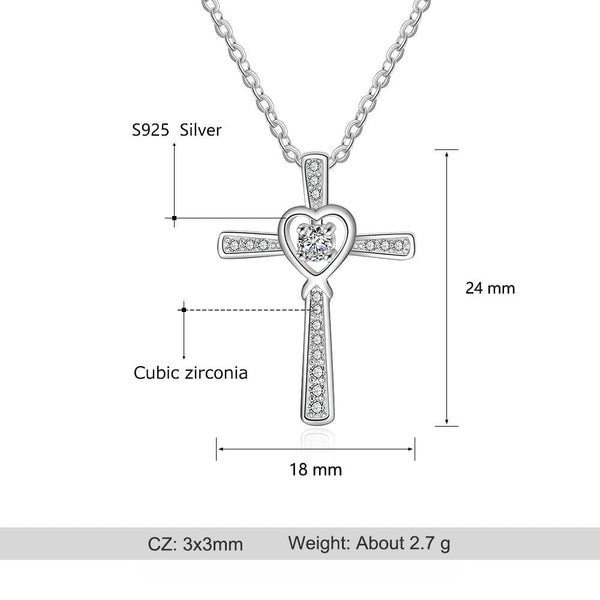 925 Sterling Silver Heart Cross CZ Pendant Necklace