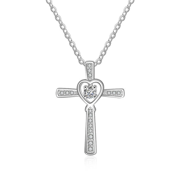 925 Sterling Silver Heart Cross CZ Pendant Necklace