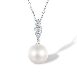 9k 375 White Gold Sparkling Diamond Pave Pearl Drop Pendant Necklace