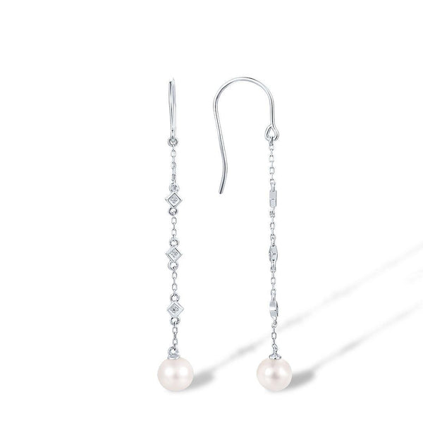 9k 375 White Gold Sparkling Diamond Pearl Dangle Longline Earrings