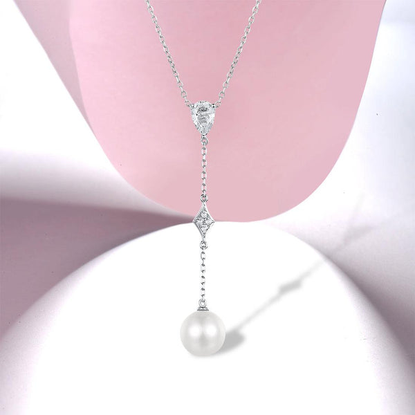 9k 375 White Gold Sparkling White Topaz Pave Pearl Drop Longline Pendant Necklace