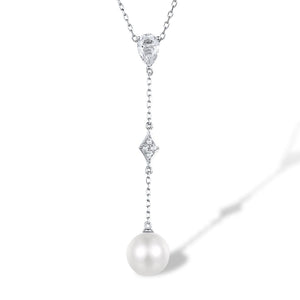9k 375 White Gold Sparkling White Topaz Pave Pearl Drop Longline Pendant Necklace