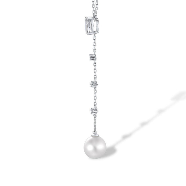 9k 375 White Gold Sparkling White Topaz Triple Drop Pave Pearl Longline Pendant Necklace