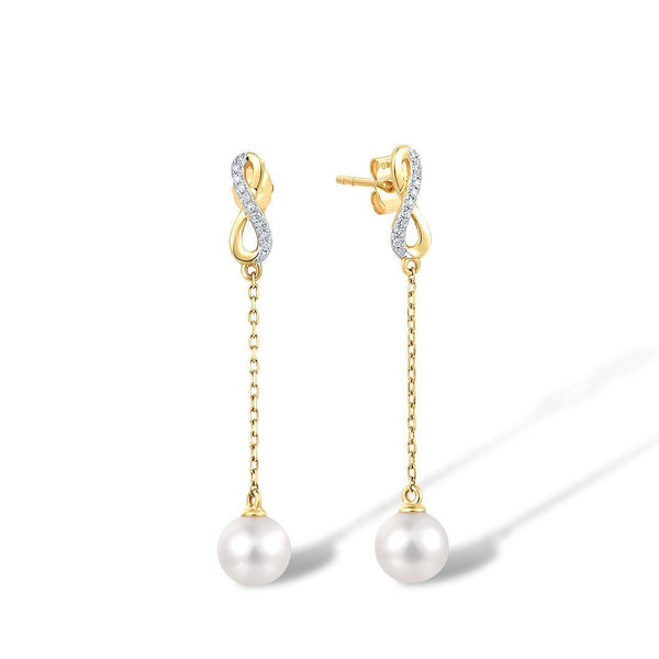 9k 375 Yellow Gold Sparkling Diamond Pave Pearl Chain Tassel Longline Earrings