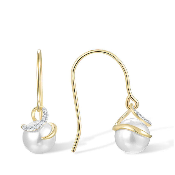 9k 375 Yellow Gold Sparkling Diamond Pave Swirl Pearl Drop Dangle Earrings