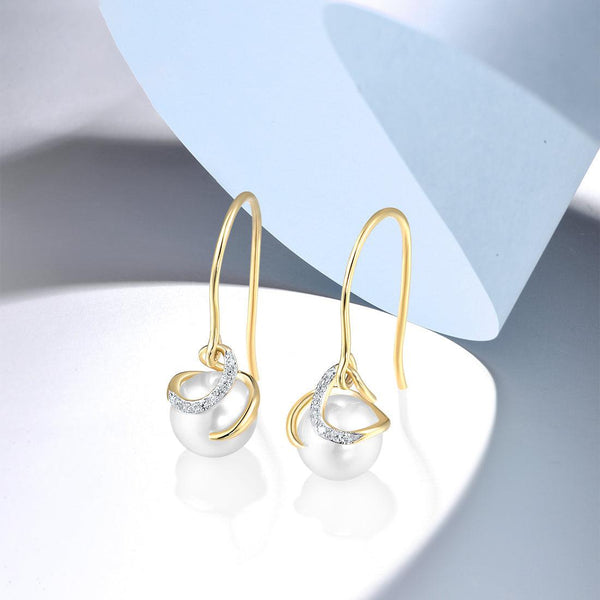 9k 375 Yellow Gold Sparkling Diamond Pave Swirl Pearl Drop Dangle Earrings