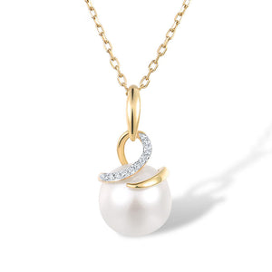 9k 375 Yellow Gold Sparkling Diamond Pave Swirl Pearl Drop Pendant Necklace