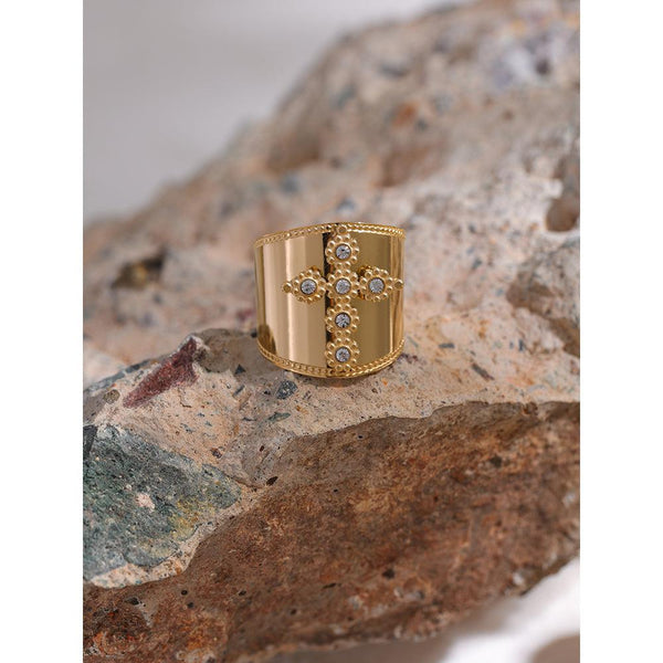 Antique Design Glossy Metallic Scrolled Metal Cross BOHO Maxi Ring