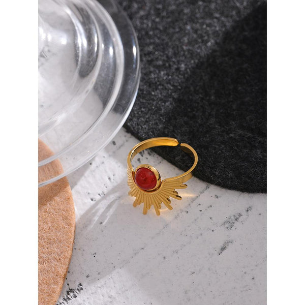 Antique Style Shiny Gold Open Cuff Natural Stone Bohemian Ring