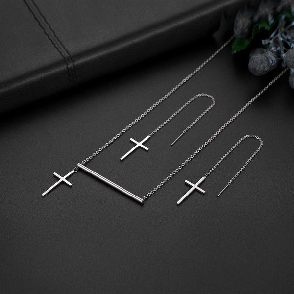 Asymmetric Cross Pendant Necklace & Threader Earring Set