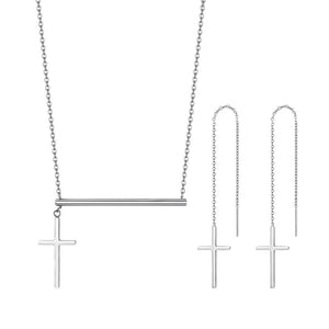 Asymmetric Cross Pendant Necklace & Threader Earring Set