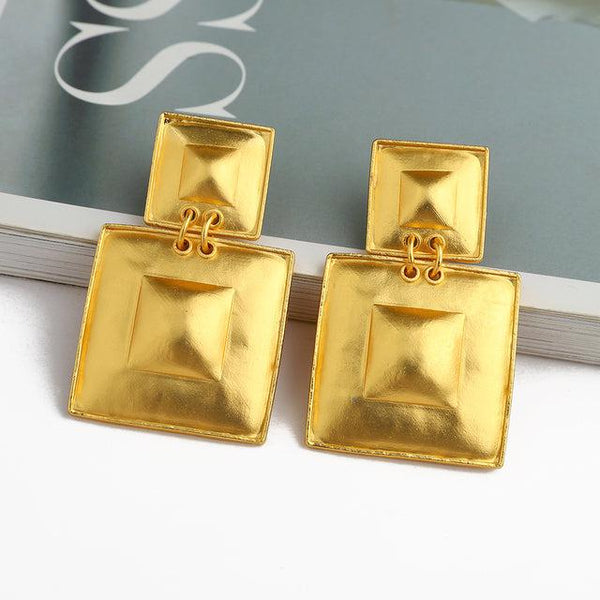 BOHO Antique Design Geometric Square Metallic Matte Gold Dangle Earrings