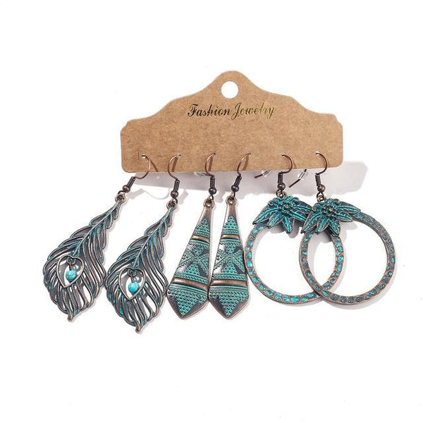 BOHO Dangle Earrings 3 Pair Variety Set - Bronze Feather Statement Mix