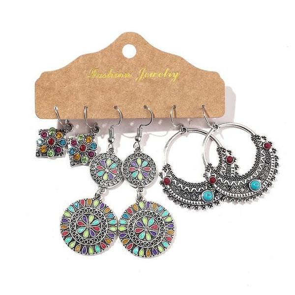 BOHO Dangle Earrings 3 Pair Variety Set - Silver Colorful Mix