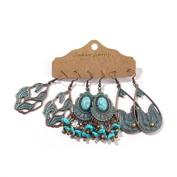 BOHO Dangle Earrings 3 Pair Variety Set - Turquoise Statement Mix