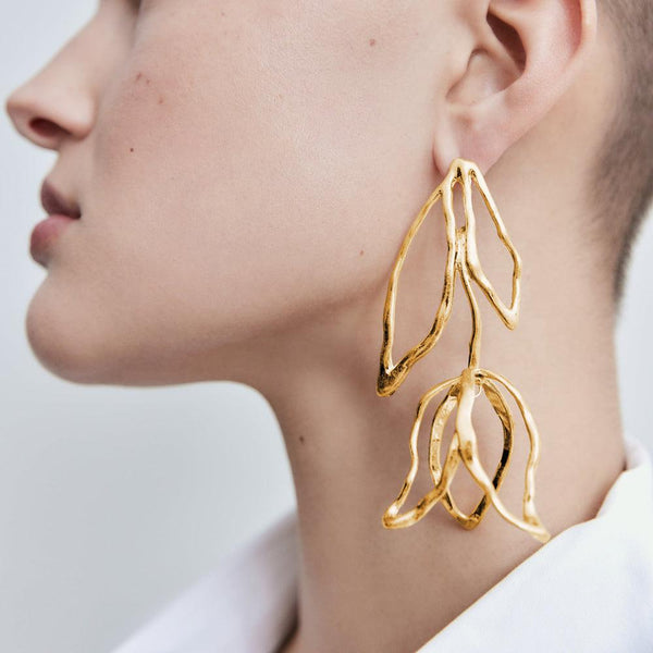 BOHO Golden Metallic Floral Dangle Statement Earrings