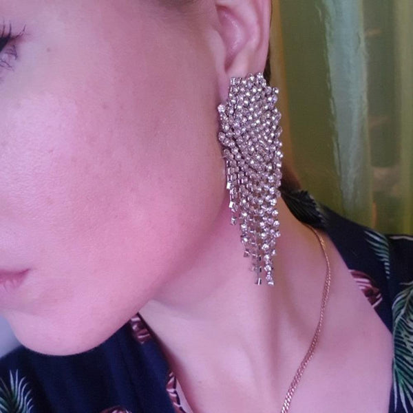 Big Rhinestone Luxury Crystal Wide Tassel Formal Dangle Drop Earrings