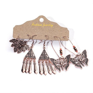 Bohemian Dangle Earrings 3 Pair Variety Set - Ancient Copper Butterfly & Leaf Mix