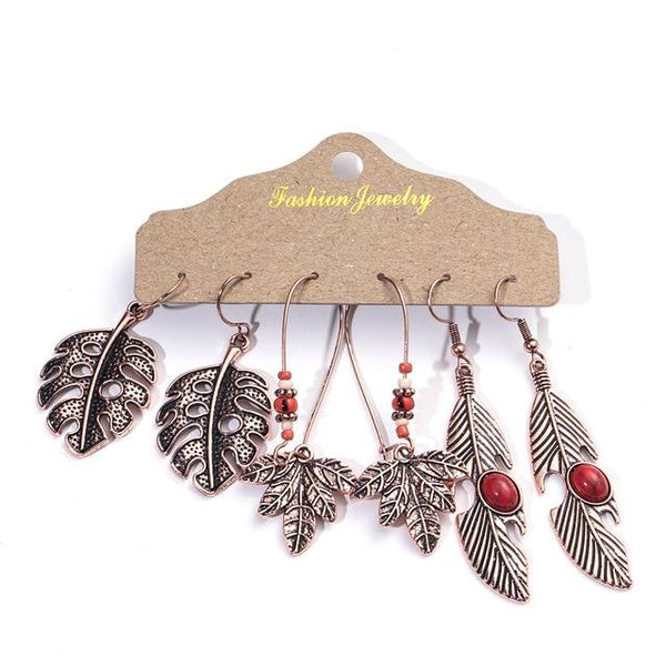 Bohemian Dangle Earrings 3 Pair Variety Set - Ancient Copper Leaf Statement Mix