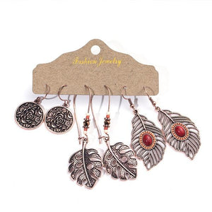 Bohemian Dangle Earrings 3 Pair Variety Set - Ancient Copper Rose & Leaf Mix