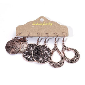 Bohemian Dangle Earrings 3 Pair Variety Set - Ancient Copper Swirl Hoop Mix