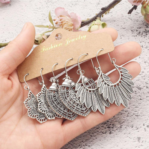 Bohemian Dangle Earrings 3 Pair Variety Set - Ancient Silver Statement Mix