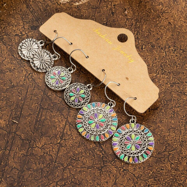 Bohemian Dangle Earrings 3 Pair Variety Set - Silver Floral Rainbow Mix