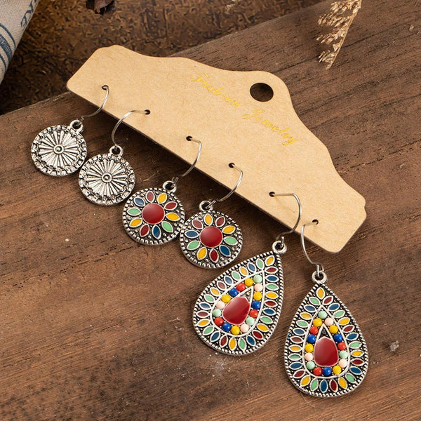 Bohemian Dangle Earrings 3 Pair Variety Set - Silver Floral Red Mix