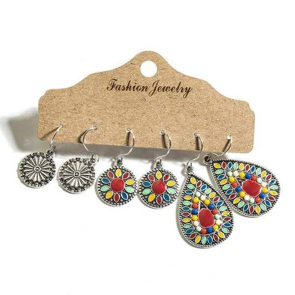 Bohemian Dangle Earrings 3 Pair Variety Set - Silver Floral Red Mix