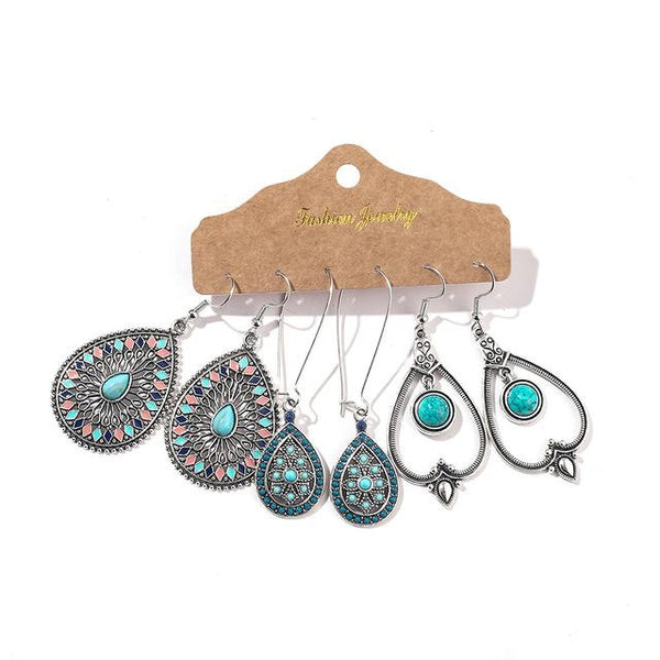 Bohemian Dangle Earrings 3 Pair Variety Set - Turquoise Mix