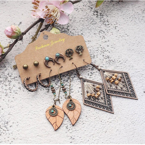 Bohemian Style Earrings 6 Pair Variety Set - Nature Mix