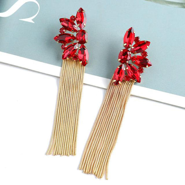 Braided Rope Metal Tassel Color Crystal Longline Statement Earrings