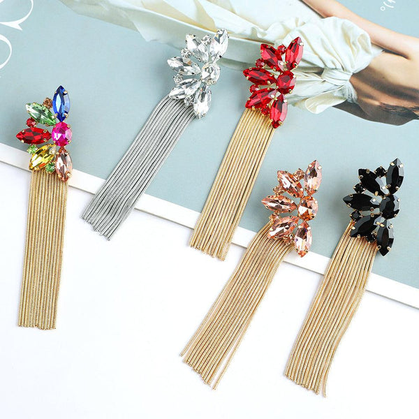Braided Rope Metal Tassel Color Crystal Longline Statement Earrings