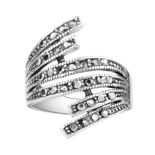 Crystal Stud Divergent Band Silver Ring