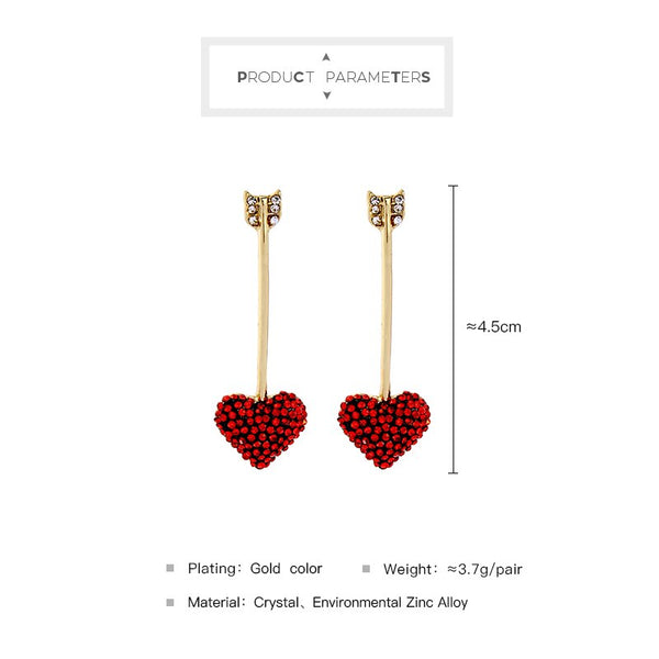 Golden Metallic Red Crystal Heart Arrow Dangle Earrings