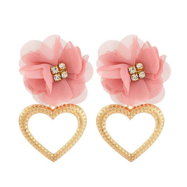 Floral Chiffon Golden Heart Drop Statement Earrings