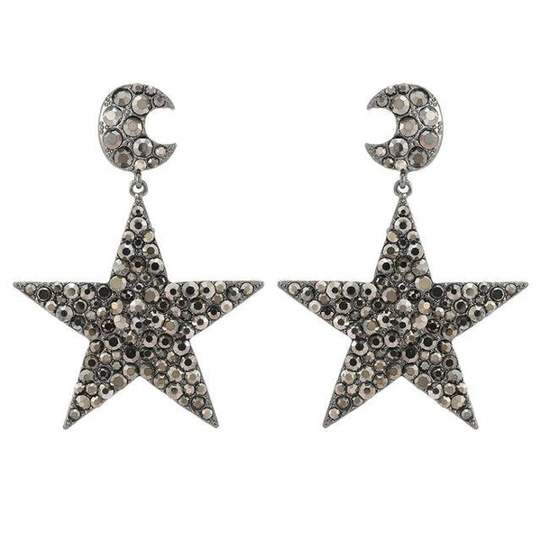Full Crystal Rhinestone Star Drop Crescent Moon Fashion Statement Earrings