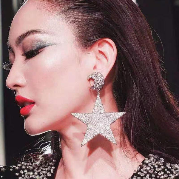 Full Crystal Rhinestone Star Drop Crescent Moon Fashion Statement Earrings