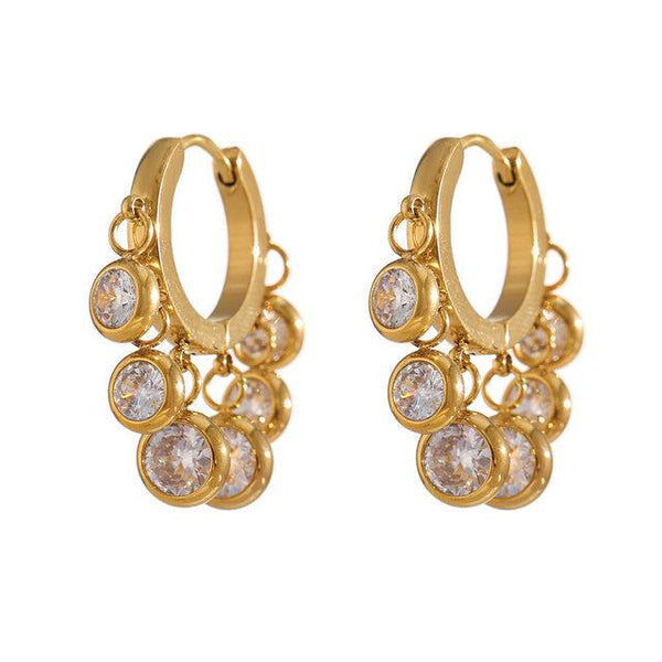 Glossy Gold Metallic Colorful Zircon Dangle Hoop Drop Earrings