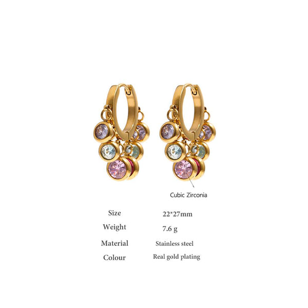 Glossy Gold Metallic Colorful Zircon Dangle Hoop Drop Earrings