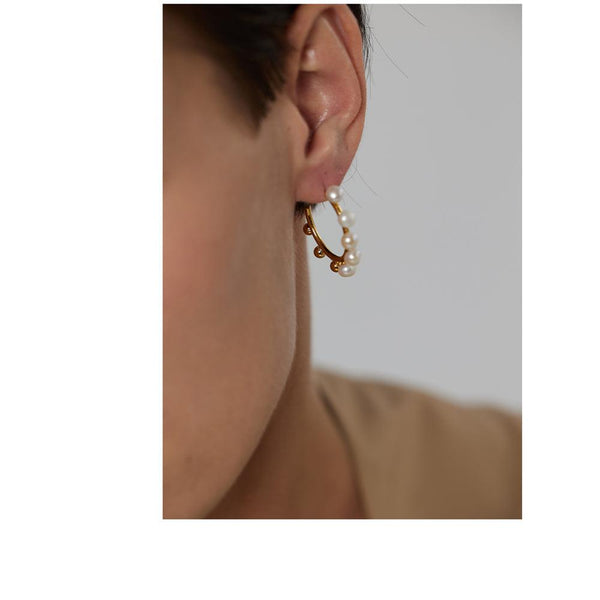 Glossy Golden Metallic Pearl Hoop Vintage Dangle Earrings