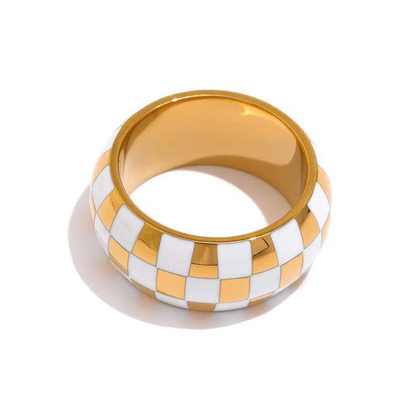 Glossy Metallic Enamel Checked Wide Cuff Fashion Ring