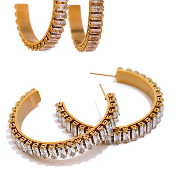 Gold Metallic LUXE Baguette Cut CZ Hoop Dangle Earrings