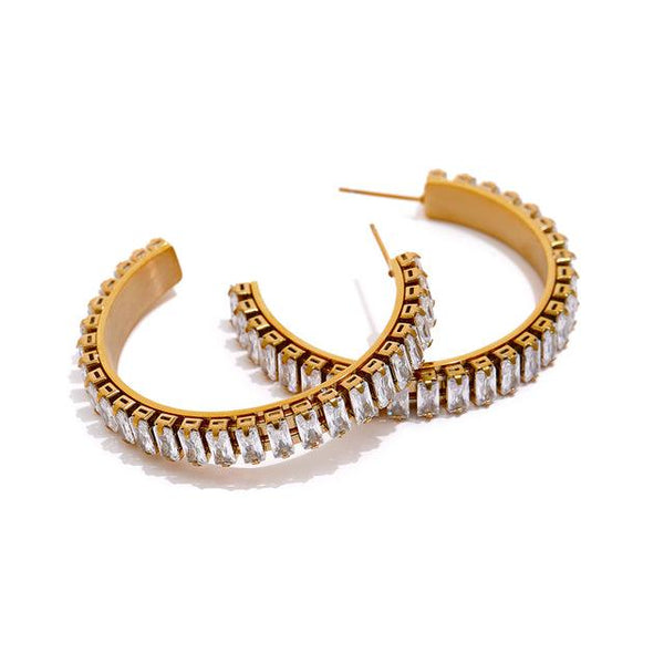 Gold Metallic LUXE Baguette Cut CZ Hoop Dangle Earrings