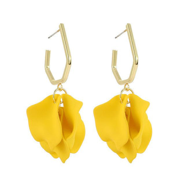 Gold Metallic Petal Drop Floral Fashion Statement Dangle Earrings