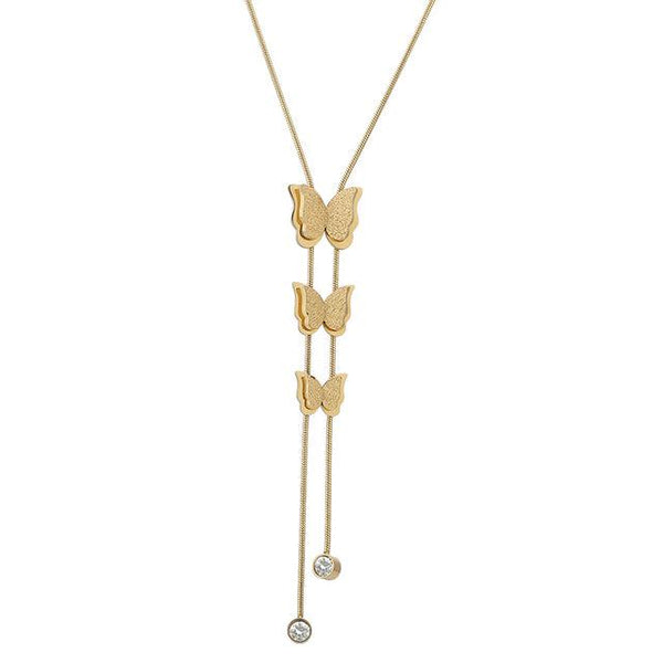 Gold Metallic Rope Chain Triple Butterfly Pendant CZ Tassel Necklace